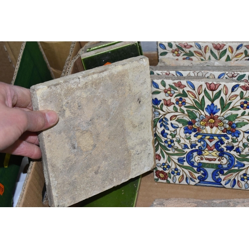 490 - A BOX CONTAINING A SELECTION OF CERAMIC TILES INCLUDING BURSLEM AND WILLIAM DE MORGAN STYLE, twenty ... 