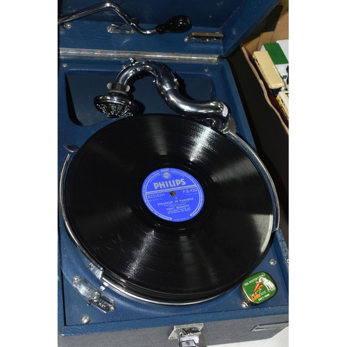 502 - A 1930s HMV MODEL 102 WIND UP GRAMOPHONE IN BLUE PORTABLE CASE, including twelve LPs featuring artis... 