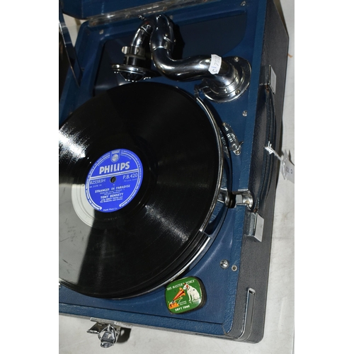 502 - A 1930s HMV MODEL 102 WIND UP GRAMOPHONE IN BLUE PORTABLE CASE, including twelve LPs featuring artis... 