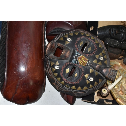 505 - A SELECTION OF WOODEN AFRICAN SOUVENIR ART ORNAMENTS INCLUDING PIECES BY SHONA ARTISANS AND OTHERS, ... 