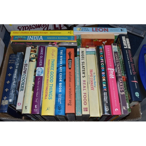 507 - FOUR BOXES OF BOOKS, CDS, and LPs, the sixty five books to include a variety of cookbooks, classics,... 