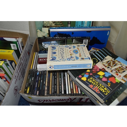 507 - FOUR BOXES OF BOOKS, CDS, and LPs, the sixty five books to include a variety of cookbooks, classics,... 