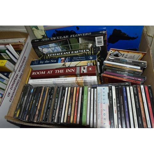 507 - FOUR BOXES OF BOOKS, CDS, and LPs, the sixty five books to include a variety of cookbooks, classics,... 