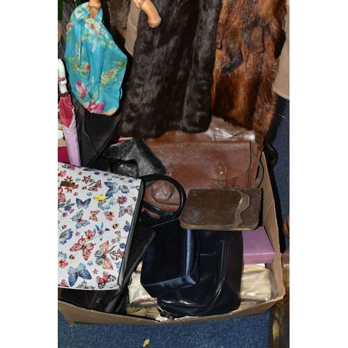 508 - SIX BOXES OF LADIES' CLOTHING, SHOES, ACCESSORIES AND LOOSE FUR COATS, to include two gentlemen's um... 