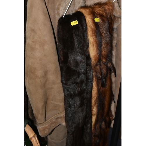 508 - SIX BOXES OF LADIES' CLOTHING, SHOES, ACCESSORIES AND LOOSE FUR COATS, to include two gentlemen's um... 