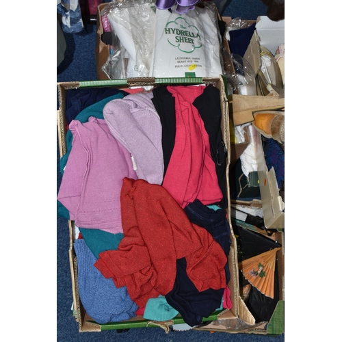 508 - SIX BOXES OF LADIES' CLOTHING, SHOES, ACCESSORIES AND LOOSE FUR COATS, to include two gentlemen's um... 