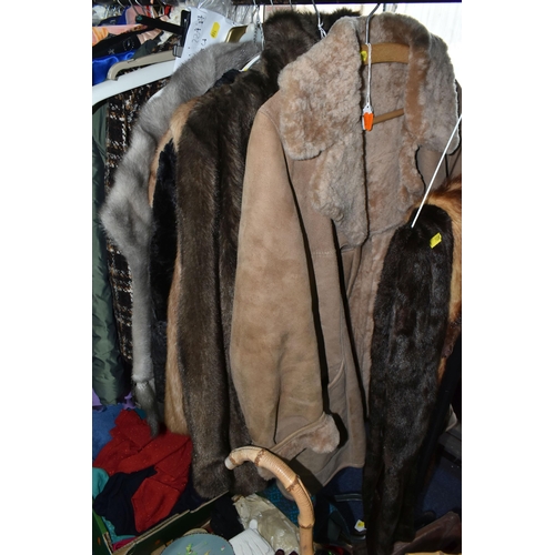 508 - SIX BOXES OF LADIES' CLOTHING, SHOES, ACCESSORIES AND LOOSE FUR COATS, to include two gentlemen's um... 