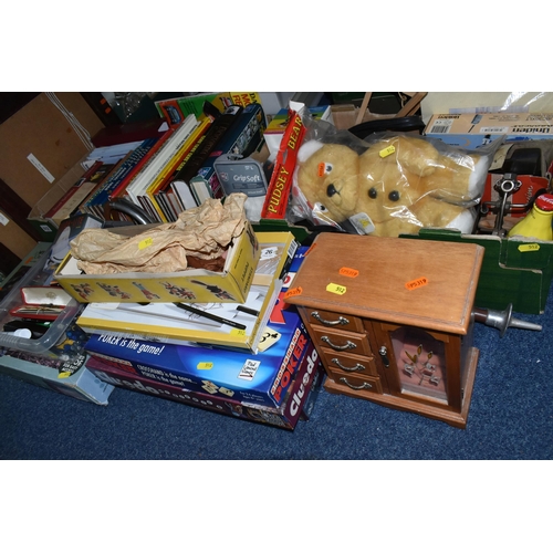 512 - TWO BOXES AND LOOSE, INCLUDING BOOKS, GAMES, PELHAM PUPPET, SHOOTING STICK, a variety of board games... 