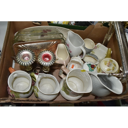 513 - THREE BOXES OF ASSORTED CERAMICS, GLASS AND METALWARES, ETC, including Japanese style ceramics, two ... 