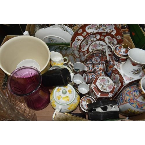 513 - THREE BOXES OF ASSORTED CERAMICS, GLASS AND METALWARES, ETC, including Japanese style ceramics, two ... 