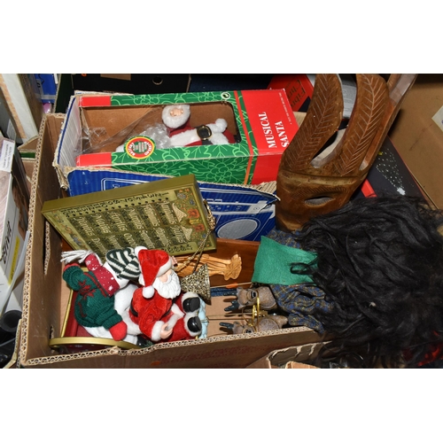 515 - FIVE BOXES OF HOUSEHOLD EQUIPMENT, KNITTING NEEDLES, CHRISTMAS DECORATIONS, PELHAM HAND PUPPET, ETC,... 