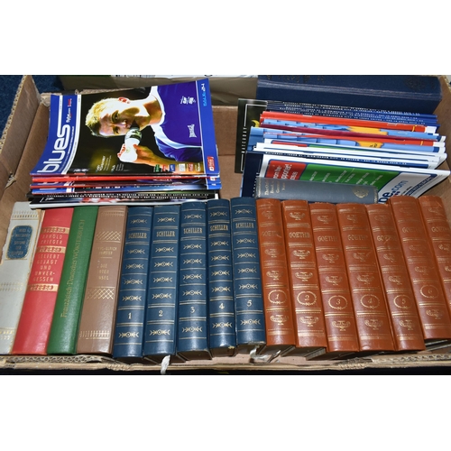 518 - FIVE BOXES OF ASSORTED BOOKS INCLUDING BIOGRAPHIES, GERMAN LITERATURE, BIRMINGHAM CITY FC MATCH PROG... 