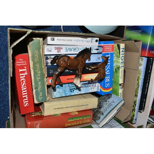 520 - FOUR BOXES INCLUDING A VARIETY OF BOOKS OF ASSORTED GENRES AND MISCELLANEOUS ITEMS ETC, Carnival Gla... 