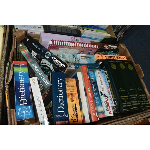 520 - FOUR BOXES INCLUDING A VARIETY OF BOOKS OF ASSORTED GENRES AND MISCELLANEOUS ITEMS ETC, Carnival Gla... 