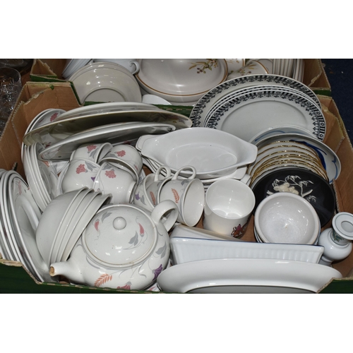 523 - FIVE BOXES OF CERAMICS AND GLASS WARE, to include two boxes of dinnerware by makers including Johnso... 