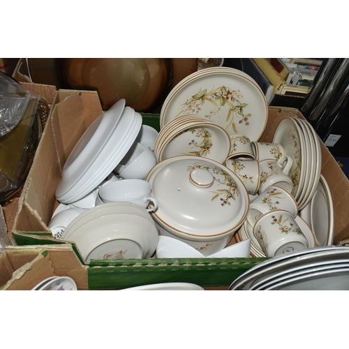 523 - FIVE BOXES OF CERAMICS AND GLASS WARE, to include two boxes of dinnerware by makers including Johnso... 