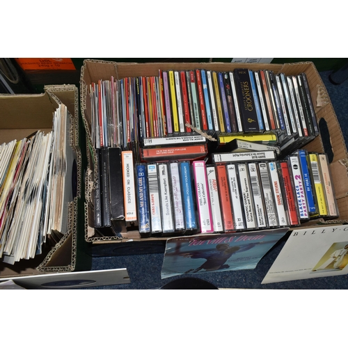 527 - THREE BOXES OF RECORDS, CDS AND CASSETTE TAPES, to include approximately sixty to seventy LPs and 12... 