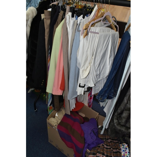 528 - TWO BOXES AND LOOSE LADIES CLOTHING, a large quantity of ladies clothing comprising jackets, capes, ... 