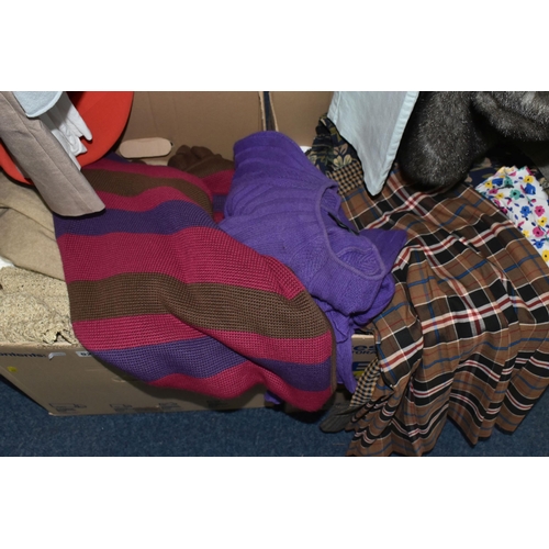 528 - TWO BOXES AND LOOSE LADIES CLOTHING, a large quantity of ladies clothing comprising jackets, capes, ... 