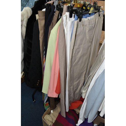 528 - TWO BOXES AND LOOSE LADIES CLOTHING, a large quantity of ladies clothing comprising jackets, capes, ... 