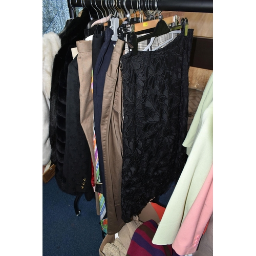 528 - TWO BOXES AND LOOSE LADIES CLOTHING, a large quantity of ladies clothing comprising jackets, capes, ... 