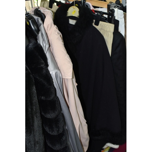 528 - TWO BOXES AND LOOSE LADIES CLOTHING, a large quantity of ladies clothing comprising jackets, capes, ... 