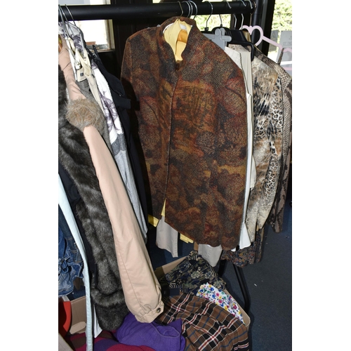 528 - TWO BOXES AND LOOSE LADIES CLOTHING, a large quantity of ladies clothing comprising jackets, capes, ... 