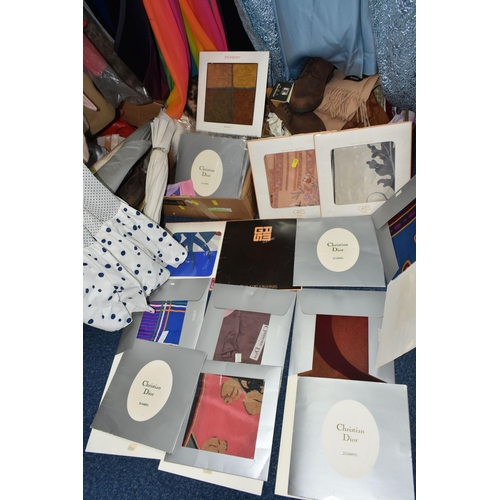 529 - THREE BOXES AND LOOSE VINTAGE CLOTHING AND ACCESSORIES, to include a collection of ladies' silk scar... 