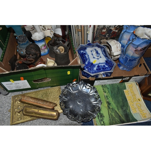 538 - THREE BOXES OF ASSORTED SUNDRY ITEMS ETC, to include a cast metal money box of a black male figure, ... 