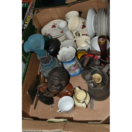 538 - THREE BOXES OF ASSORTED SUNDRY ITEMS ETC, to include a cast metal money box of a black male figure, ... 