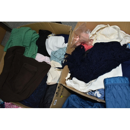 545 - FIVE BOXES OF WOMEN'S VINTAGE CLOTHES including light jackets, skirts, nightwear from various high s... 