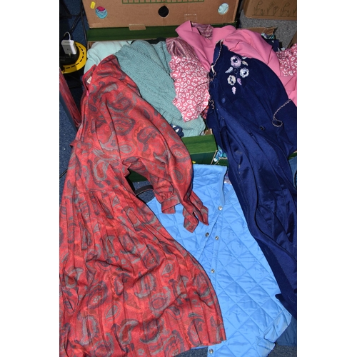 545 - FIVE BOXES OF WOMEN'S VINTAGE CLOTHES including light jackets, skirts, nightwear from various high s... 