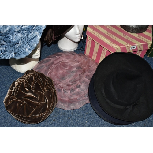 549 - A GROUP OF HATS AND HAT BOXES, to include approximately fifteen to twenty vintage and modern hats, o... 