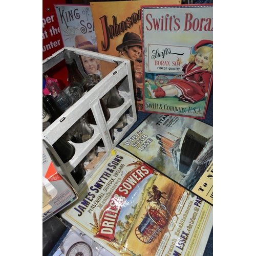 554 - FIVE BOXES, A CRATE AND LOOSE ADVERTISING, PACKAGING AND RELATED ITEMS,  to include advertising tins... 