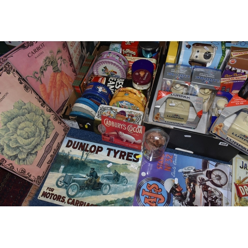 554 - FIVE BOXES, A CRATE AND LOOSE ADVERTISING, PACKAGING AND RELATED ITEMS,  to include advertising tins... 