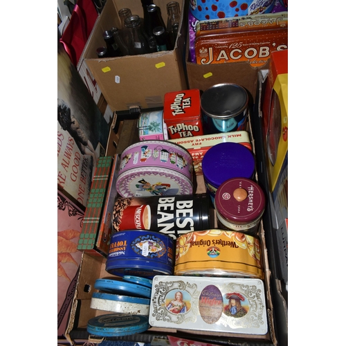 554 - FIVE BOXES, A CRATE AND LOOSE ADVERTISING, PACKAGING AND RELATED ITEMS,  to include advertising tins... 