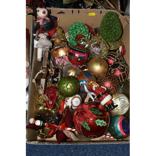 556 - FOUR BOXES OF ASSORTED CHRISTMAS DECORATIONS AND CANDLES ETC glass, wood, textile Christmas tree orn... 