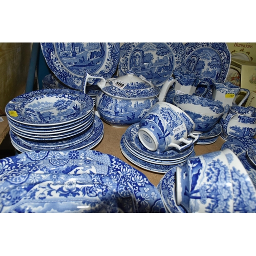 559 - A  GROUP OF SPODE'S ITALIAN DESIGN BLUE AND WHITE DINNERWARE, comprising a teapot, covered butter di... 