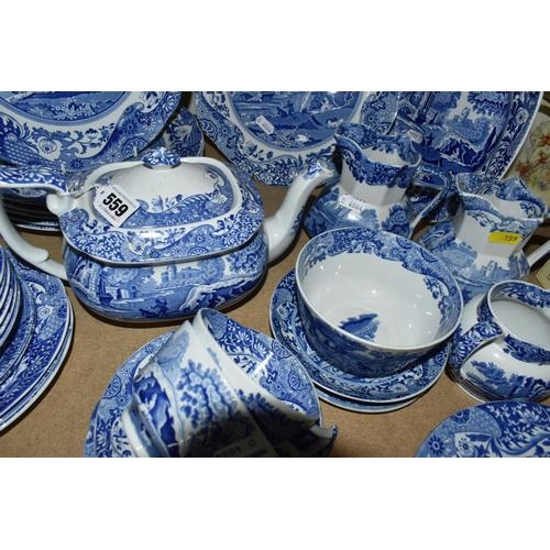 559 - A  GROUP OF SPODE'S ITALIAN DESIGN BLUE AND WHITE DINNERWARE, comprising a teapot, covered butter di... 