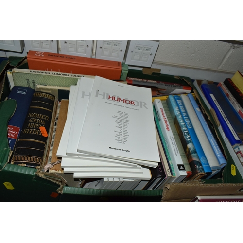 561 - FOUR BOXES OF BOOKS, approximately eighty assorted books, subjects include humour, ancient history, ... 