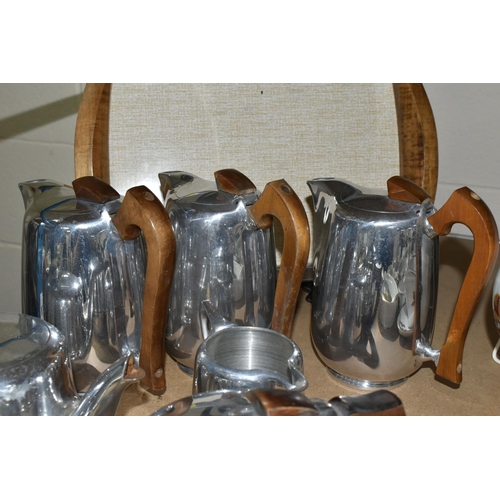 564 - A PIQUOT MID CENTURY TEA AND COFFEE SET, including two teapots, three coffee pots, tray, milk jug, a... 