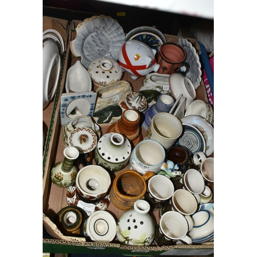 565 - THREE BOXES LARGE OF ASSORTED JERSEY POTTERY, a variety of small vases, espresso cups, candleholders... 