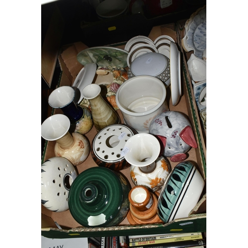 565 - THREE BOXES LARGE OF ASSORTED JERSEY POTTERY, a variety of small vases, espresso cups, candleholders... 