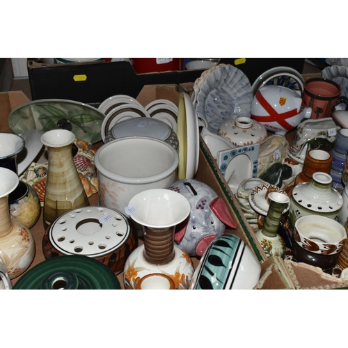 565 - THREE BOXES LARGE OF ASSORTED JERSEY POTTERY, a variety of small vases, espresso cups, candleholders... 