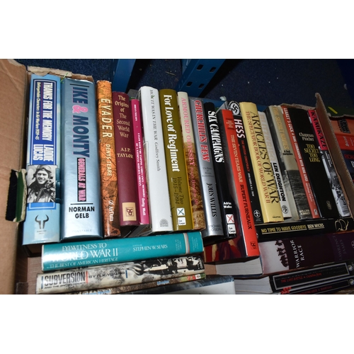 567 - FIVE BOXES OF WORLD WAR TWO BOOKS, approximately 100 books, predominately hardback, featuring topics... 