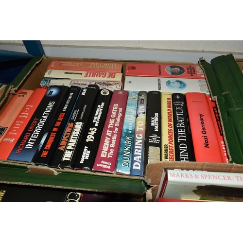 567 - FIVE BOXES OF WORLD WAR TWO BOOKS, approximately 100 books, predominately hardback, featuring topics... 