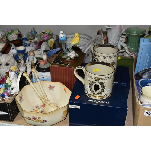 591 - FOUR BOXES OF CERAMIC ORNAMENTS AND ROYAL COMMEMORATIVE WARES ETC, to include two boxed Wedgwood Sil... 