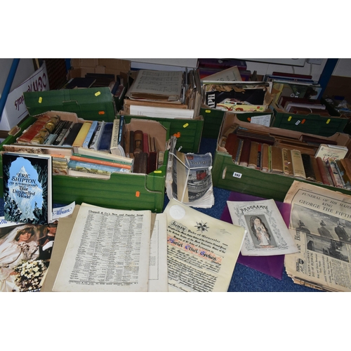 592 - SIX BOXES  OF VINTAGE BOOKS AND EPHEMERA ETC, to include 'About Britain' guide books, Eric Shipton '... 