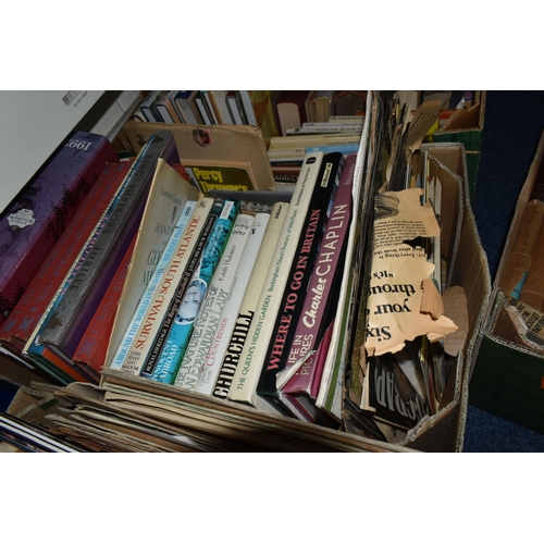 592 - SIX BOXES  OF VINTAGE BOOKS AND EPHEMERA ETC, to include 'About Britain' guide books, Eric Shipton '... 