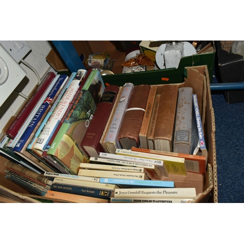 592 - SIX BOXES  OF VINTAGE BOOKS AND EPHEMERA ETC, to include 'About Britain' guide books, Eric Shipton '... 